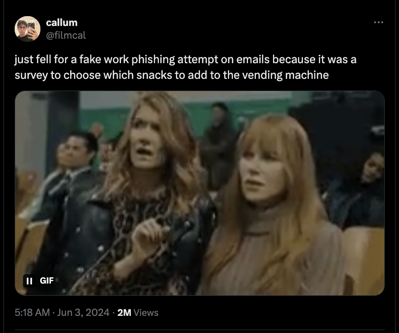laura dern big little lies gif - callum just fell for a fake work phishing attempt on emails because it was a survey to choose which snacks to add to the vending machine Ii Gif 2M Views